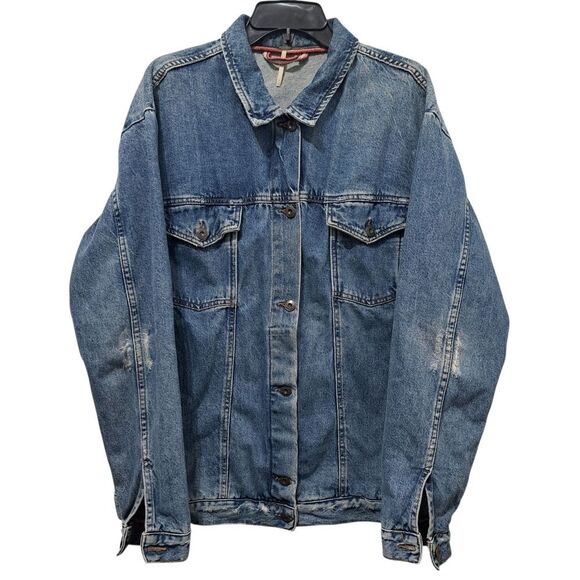 Free People Ramona Distressed Western Vintage Denim Trucker Jacket Lrg Southbank - Picture 3 of 16